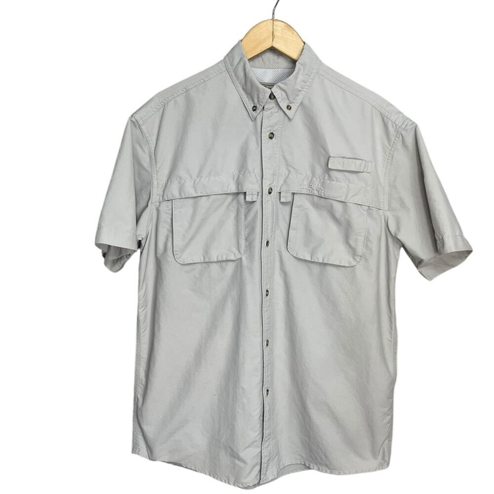 LL BEAN Fishing Shirt Beige Nylon Vented Short Sleeve Hiking Shirt Men’s Size MT